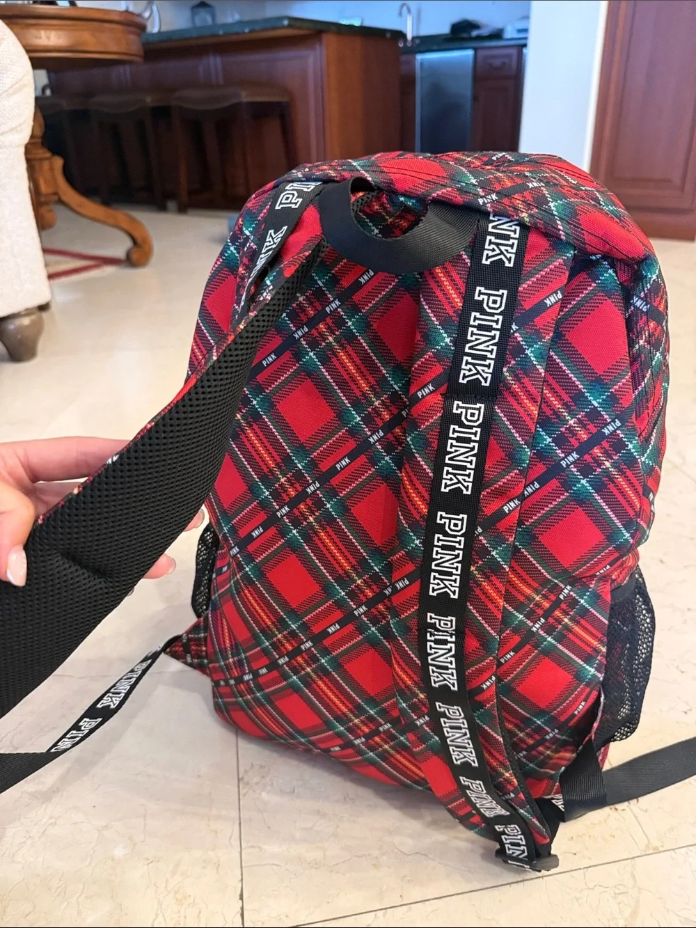 PINK Victoria's Secret Red Tartan Plaid Backpack with Black Trim NEW WITHOUT TAG